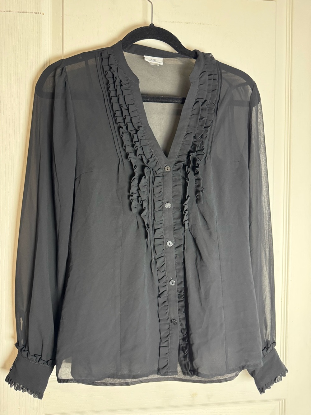 Black Sheer Ruffle-Front Blouse with Tank Top Layer Long Sleeve Button-Up
